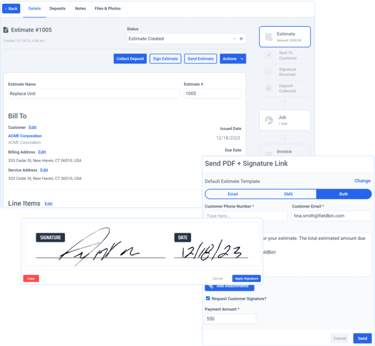 Screenshots showing how to create an estimate, digitally sign it and send using email or SMS to a customer.