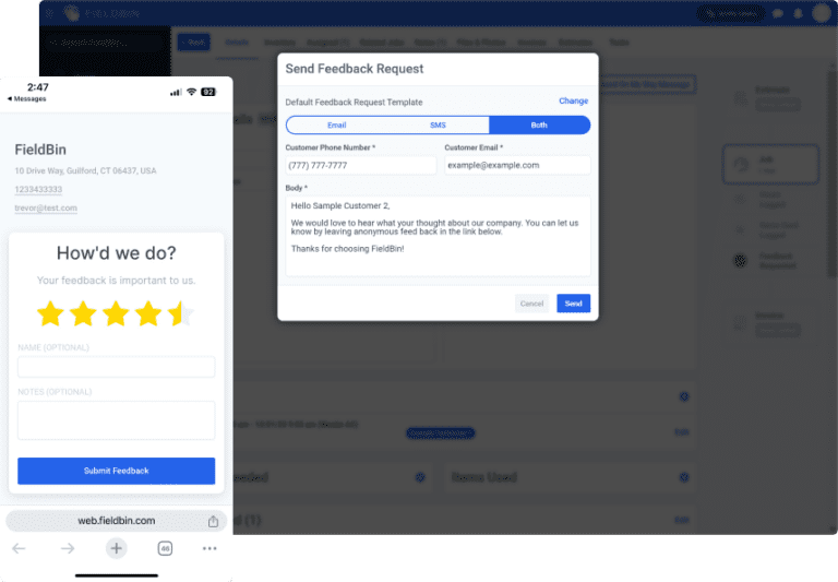 Screenshot of sending a job feedback request and a customer adding a star rating with comments.