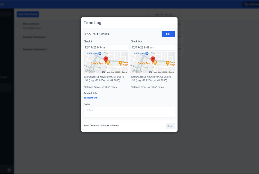 Screenshot of how geo-tagging works with time tracking in the FieldBin app.