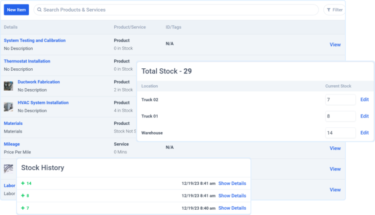Screenshot of inventory management and movement of stock and stock history.