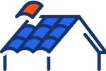 Icon graphic of a roof and roof shingle representing the roofing industry.