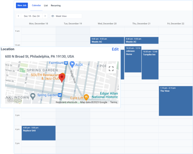 Screenshot showing a calendar of field service jobs and a map displaying the location of a job.
