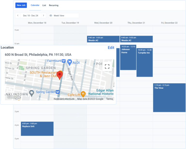 Screenshot showing a calendar of field service jobs and a map displaying the location of a job.