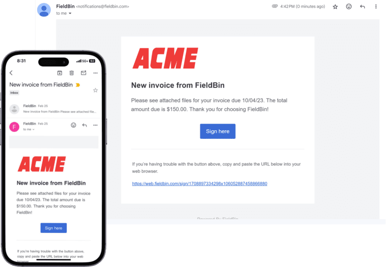Screenshot of an email on desktop and on a phone showing a customer can sign an invoice from either location.