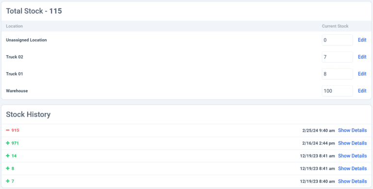 Screenshot of the inventory management product and tracking stock levels over time and across multiple locations.