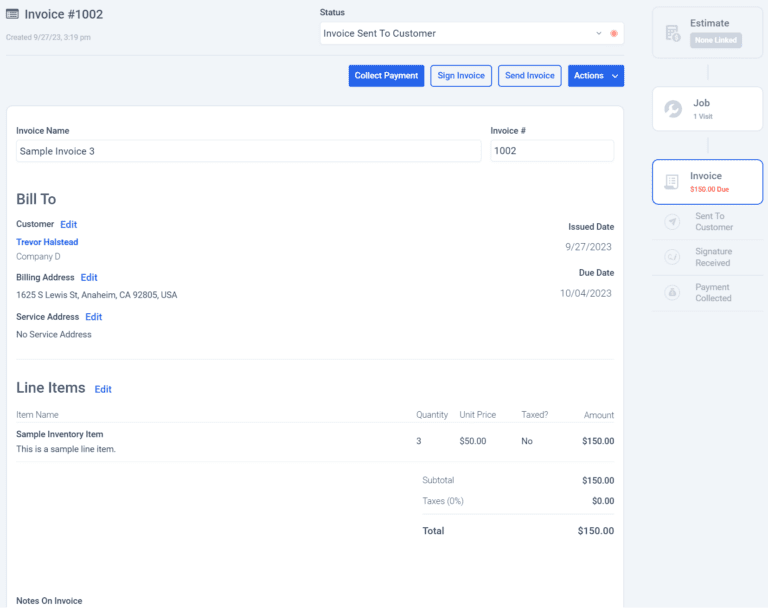 Screenshot of a digital invoice showing how customers can create and send invoices with important details and line items.