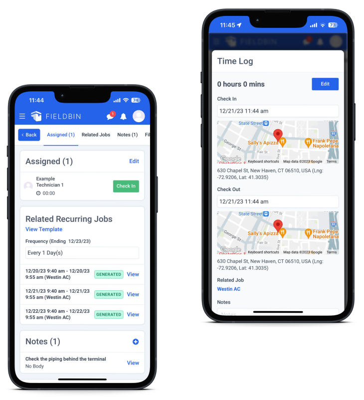 Screenshot of two phones showing how customers can track employee time from their iOS or Android mobile apps.