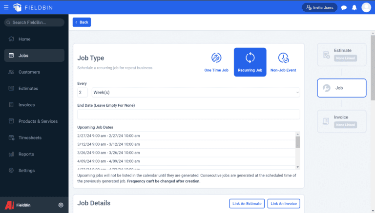 Screenshot showing the ability to create a recurring job to enable service plans for customers.