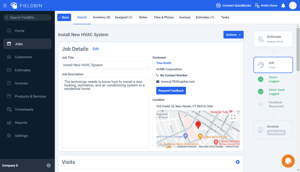 Software application displaying how to manage a field service job through a job details screen.