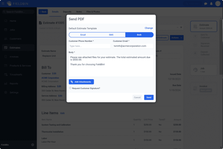 Screenshot of a software estimate showing how to send it to a customer through email or SMS text or both.