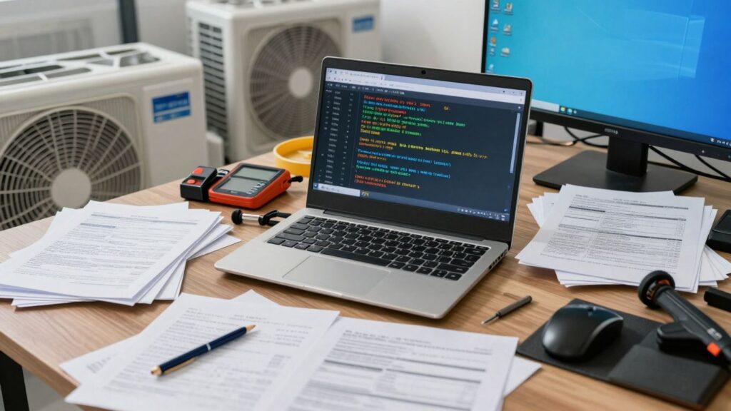 Frustrated HVAC technician with malfunctioning business software.