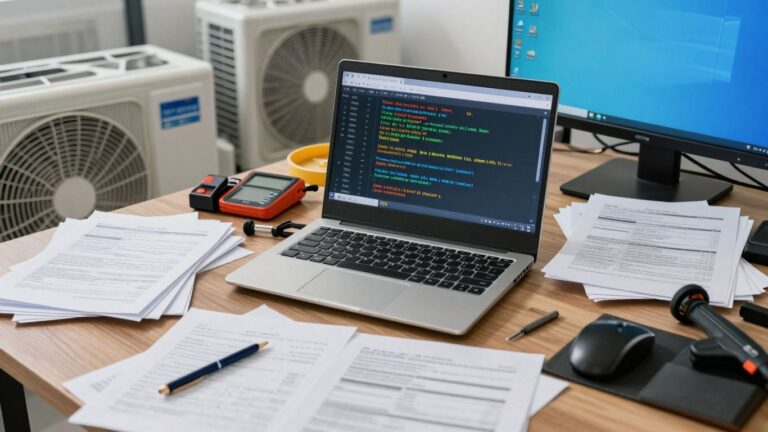 Frustrated HVAC technician with malfunctioning business software.