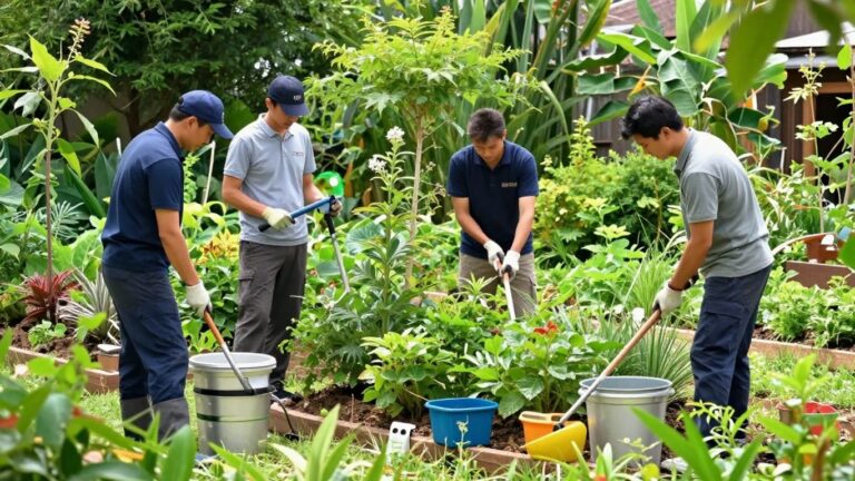 Landscaping team working in a garden with tools.