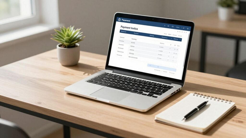Invoice and payment software on a laptop screen.