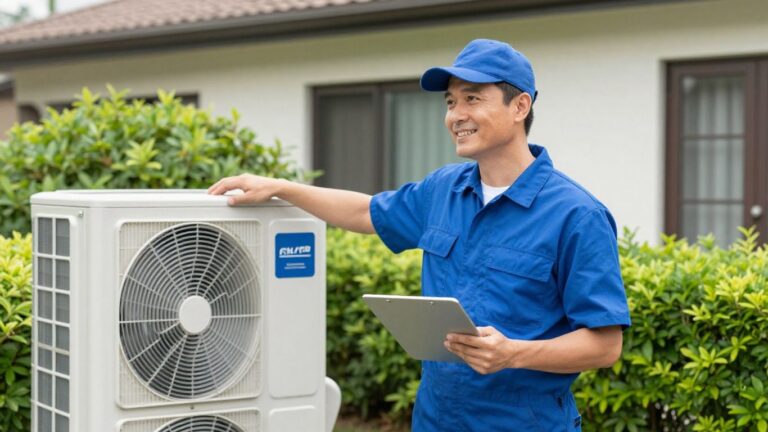 HVAC technician consulting with happy homeowner outdoors