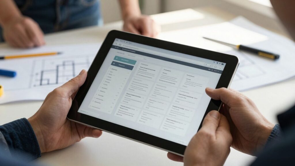 Contractor using CRM software on a tablet.