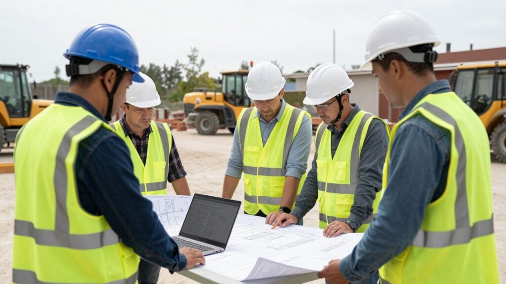 Small contractor team using laptop at job site