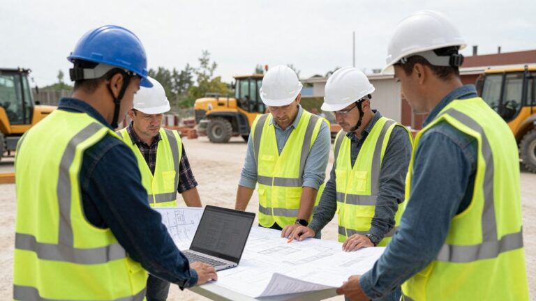 Small contractor team using laptop at job site