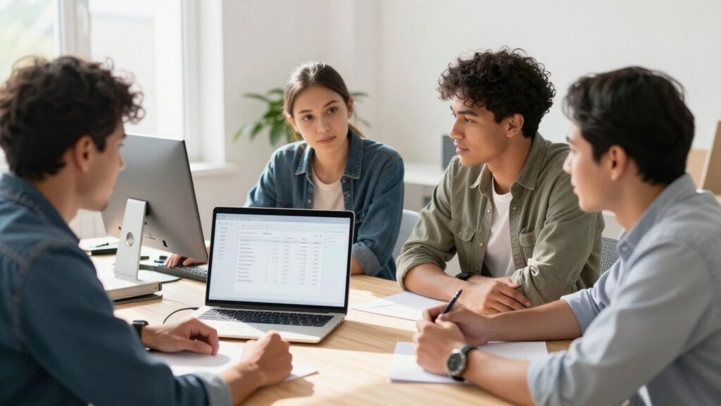 Contractor invoicing software on a laptop with workers.