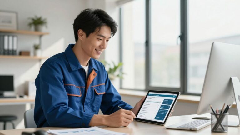 Plumber using CRM software on a tablet in an office.