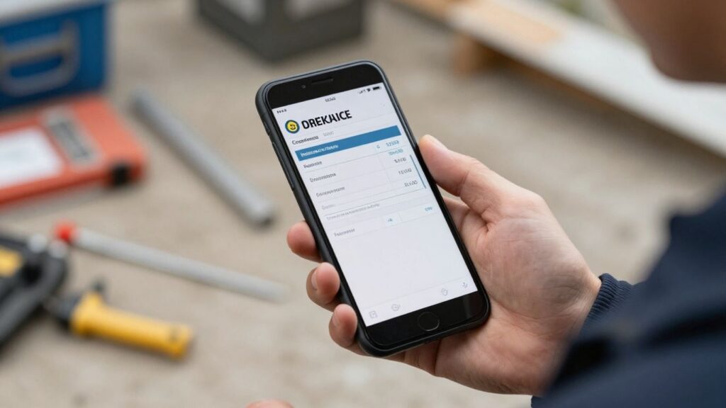 Field service worker sending invoice from job site on mobile app.