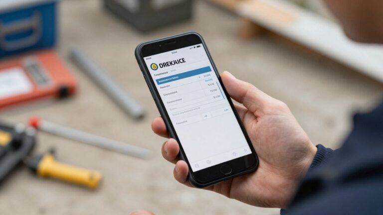 Field service worker sending invoice from job site on mobile app.