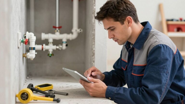 Plumber using tablet with pipes and tools nearby