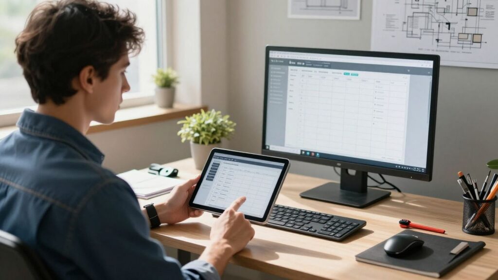 Technician using scheduling software on a tablet.
