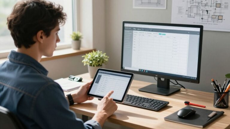 Technician using scheduling software on a tablet.