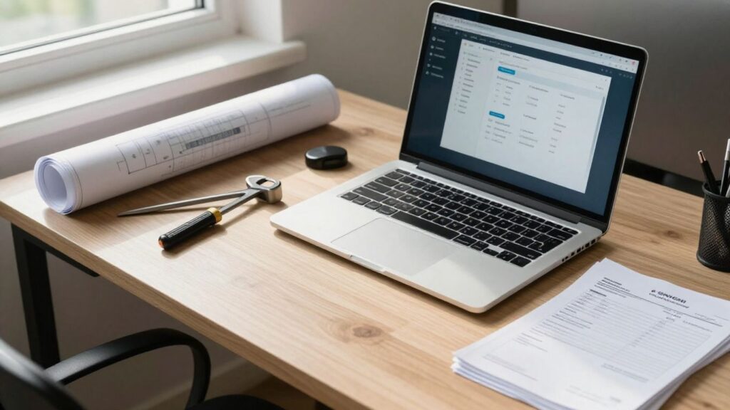 CRM software interface on a laptop with fencing tools.