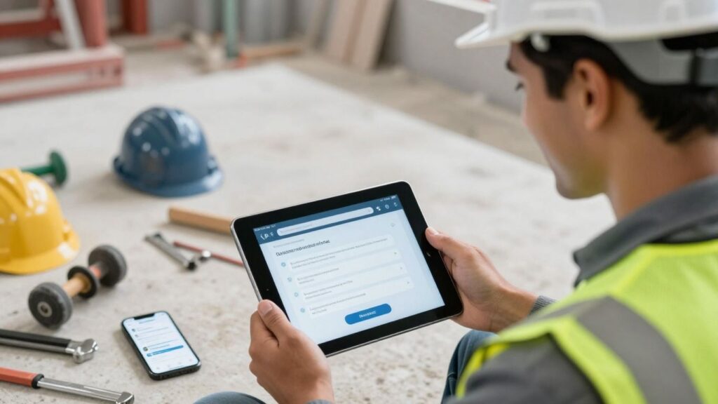 Contractor using communication software on tablet and phone.