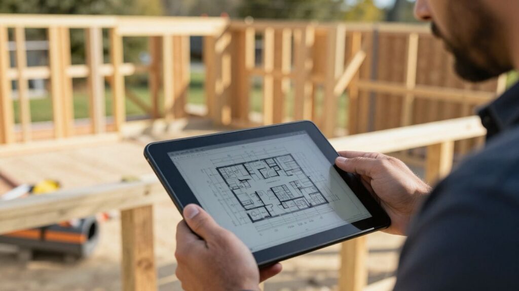 Contractor using estimating software on a tablet at a fence site.