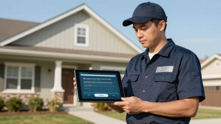 Field service technician using digital quote software on a tablet.