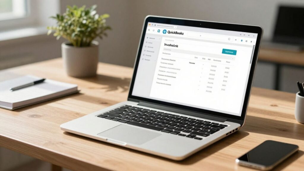 Invoicing software syncing with QuickBooks on a laptop.