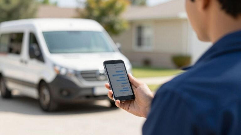 Field service technician using two-way SMS software on phone.