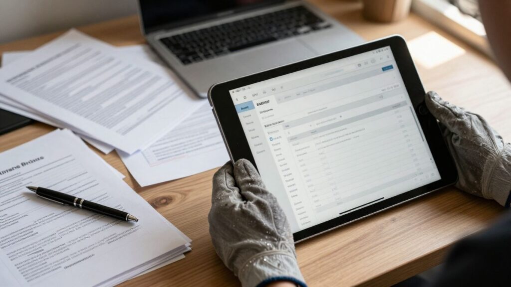 Paper work orders transitioning to digital on a tablet.