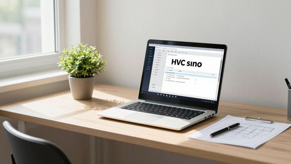 HVAC business software on a laptop in an office.