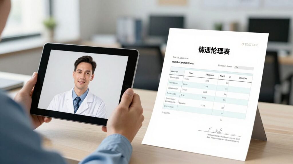 HVAC technician with tablet and completed invoice.