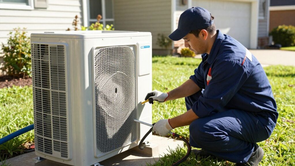 HVAC technician servicing an outdoor unit.