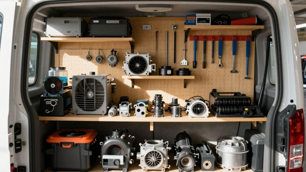 HVAC truck stock with parts, tools, and equipment.